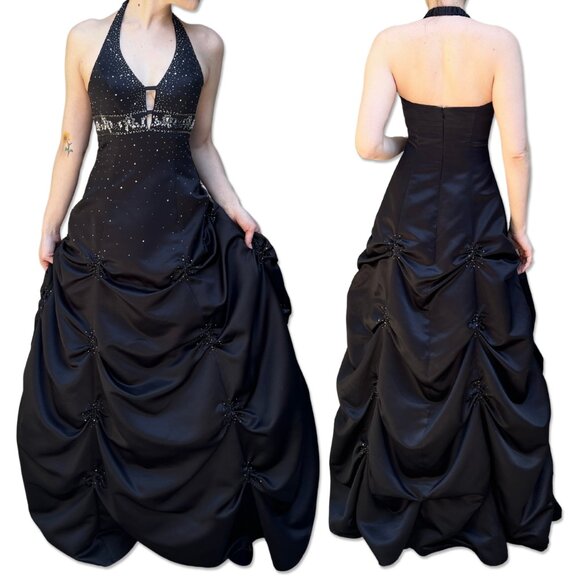 Vintage Jump Apparel Gown Halter Beaded Bodice Black Satin Ball Gown Size 5/6 - Picture 1 of 8
